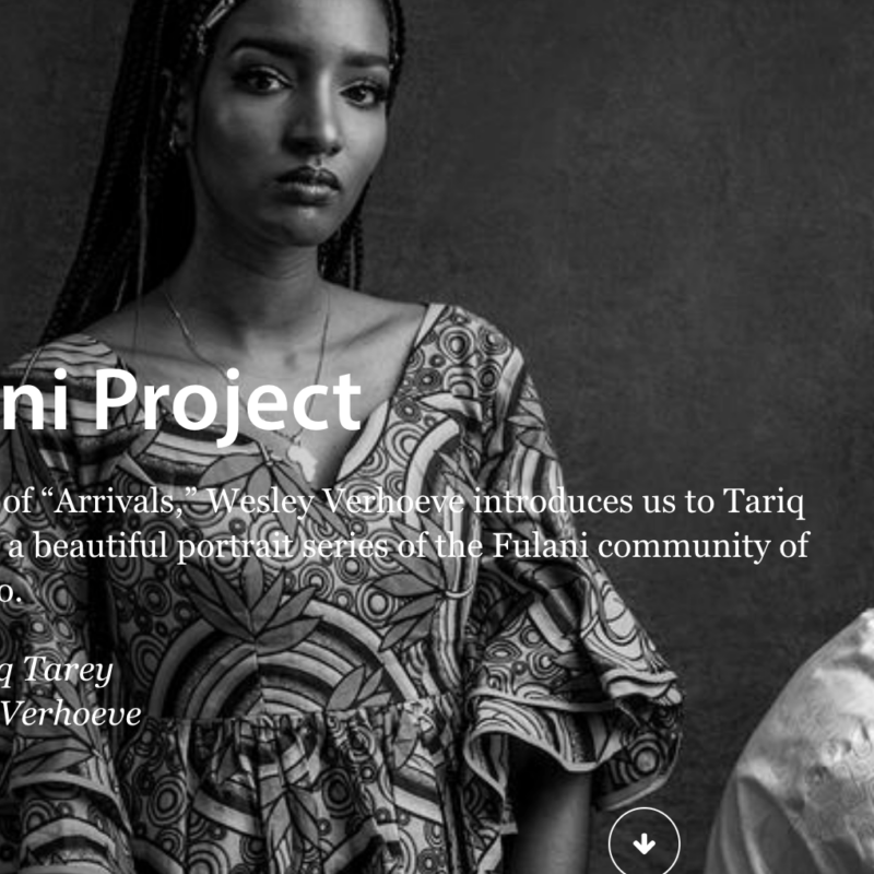 A woman wearing a swirled and striped dress gazes at the camera, while a man sits to her left looking toward the side. Both are Black Fulani people. The words "The Fulani Project" appear alongside the article author's name and photographer's name (Tariq Tarey). The photo is in black and white.